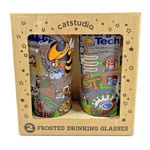 2 Georgia Tech Themed Catstudio Frosted Drinking Glasses - New